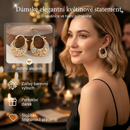 ✨ Zářte elegancí – Zlacené náušnice ve tvaru půlměsíce s květinami z emailu – platba na dobírku 💐