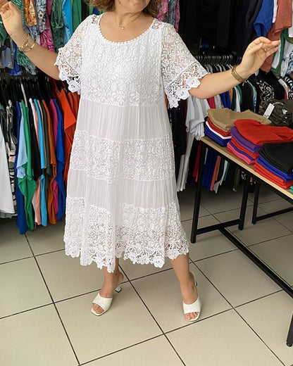 💝Jednobarevné krajkové šaty s krátkým rukávem👗