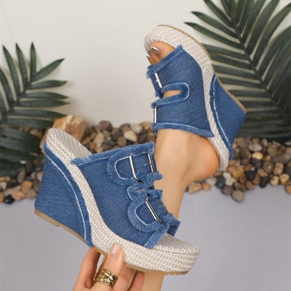 🏖️👡 Dámské ležérní džínové sandály na platformě – Vysoká podrážka, pohodlný krok, letní styl ✨📸
