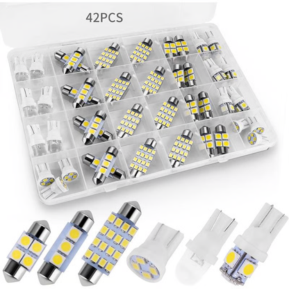 💡 Sada LED vnitřního osvětlení Kompatibilní s více velikostmi – 42 ks v 6 velikostech, T10/31/36/41 mm, plug-and-play, vysoce svítivý 2835 čip, úsporný a odolný, stropní/čtecí/SPZ/kufru osvětlení