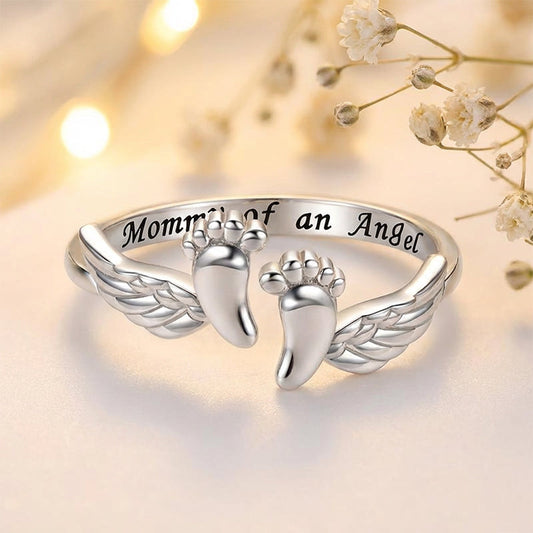 💍 Památeční prsten „Andělská maminka“ – motiv dětských stop | Den matek, výročí, suvenýry a dárky 🕊️👣🎁