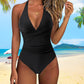 👙Sexy jednodílné plavky s odhalenými zády – řasený střih tvarující břicho, vázání za krkem | Na pláž a dovolenou ✨🌊☀️