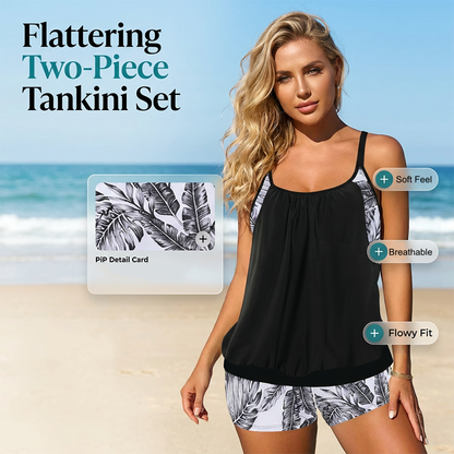 ❤️ Dámské plavky typu tankini – dvoudílné plavky, sestávající z volného topu a šortek 🌸 Zakryjí bříško a jsou pohodlné jako šaty ✅ Skladem & platba na dobírku 🚚