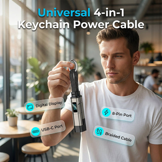 🔌 Nabíjejte kdykoli a kdekoli – Univerzální napájecí kabel 4 v 1 na klíčenku s digitálním displejem výkonu – platba na dobírku 🔋