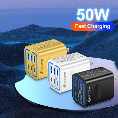 ⚡ Nabíjejte všechna zařízení rychle – 50W 6-portová USB-C nástěnná nabíječka (3x USB-A + 3x USB-C) – platba na dobírku 🔌