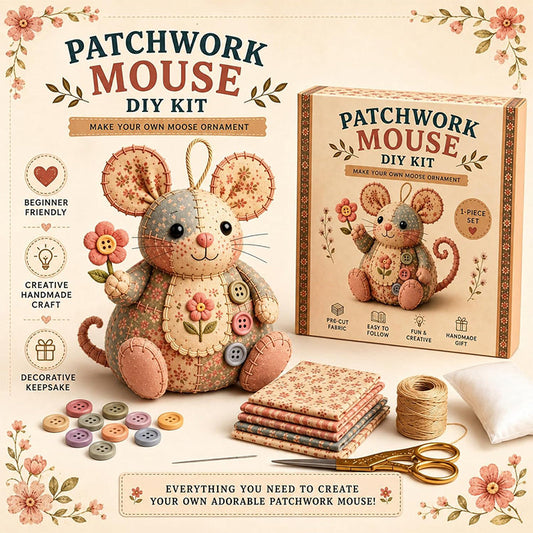 🧵 Ušijte si vlastní okouzlující myšku – Sada na patchworkovou myšku pro kutily (kompletní materiály, podrobný návod) – platba na dobírku 🐭