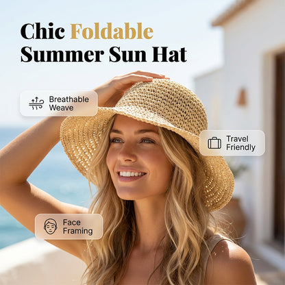 🌞 Zůstaňte stylová a chráněná – Stylový skládací slaměný klobouk se širokou krempou na léto – platba na dobírku 🧢✨