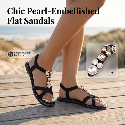 👡✨ Nejprodávanější dámské ploché sandály s perlami – elegantní korálkové detaily, polstrovaná podrážka, protiskluzové, pohodlné na celodenní nošení