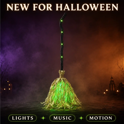 🕯️🦇 Animovaná halloweenská dekorace – čarodějnické koště se světlem a zvukem, pro domácnost a halloweenské party