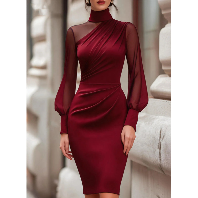 ✨ Robe midi femme à col montant et manches transparentes : facile à porter en soirée 👗