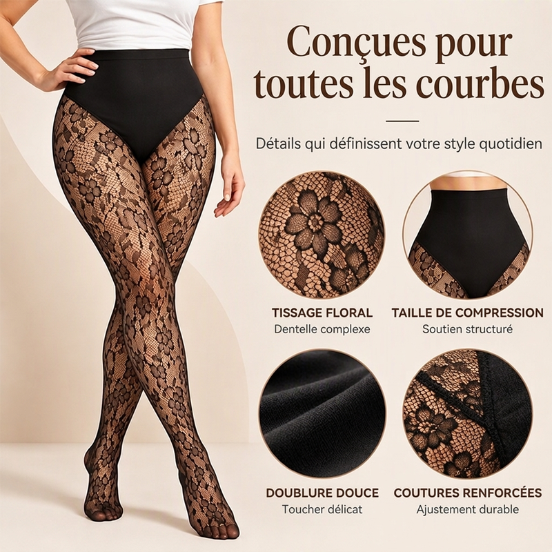 💖Soldes ! Prix cassés💖Bas Résille Taille Haute Gainant en Dentelle pour Femme