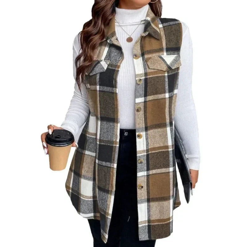 💖Soldes ! Prix cassés💖Chemise gilet boutonnée à carreaux pour femme avec poches