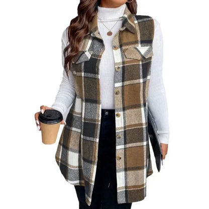 💖Soldes ! Prix cassés💖Chemise gilet boutonnée à carreaux pour femme avec poches