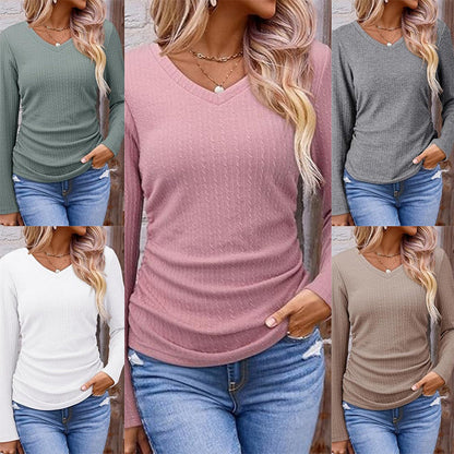✨ Haut en maille à col V pour femme, élégant : manches longues, maille texturée et facile à porter 🧶