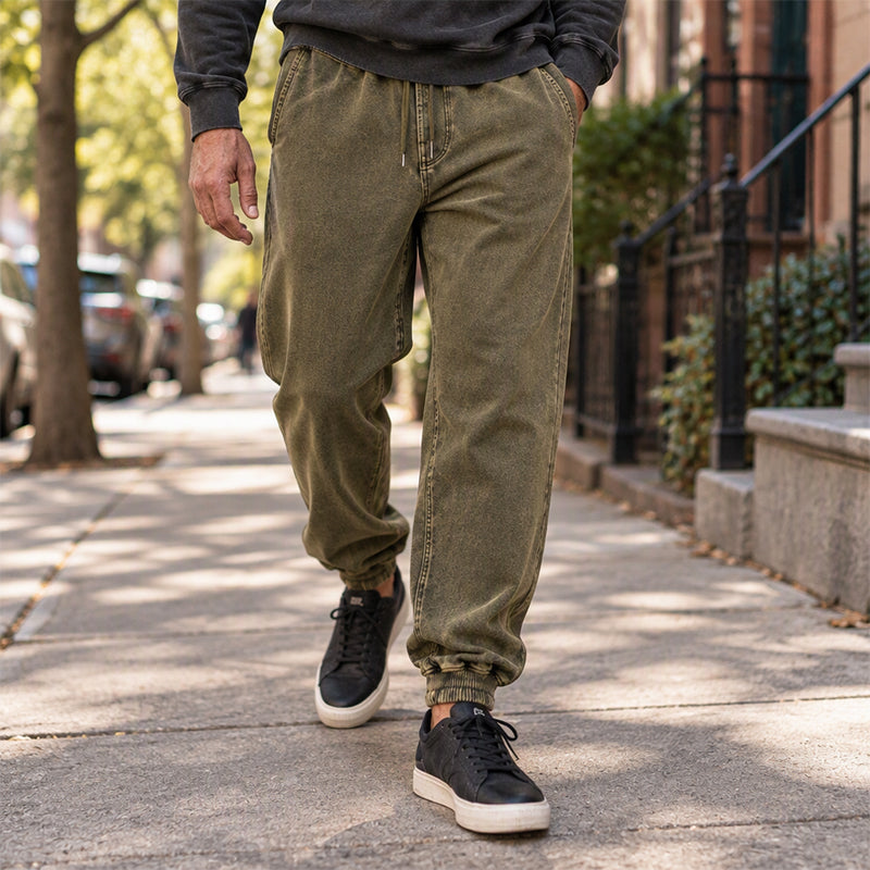 Pantalon de survêtement décontracté et sportif en denim lavé pour hommes
