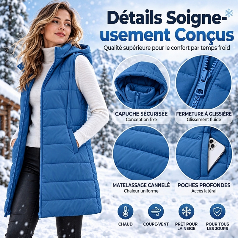 ✨ Gilet matelassé à capuche mi-long pour femme 🧥