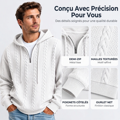 Pull à capuche en maille torsadée avec demi-zip pour homme