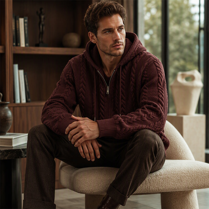 Pull à capuche en maille torsadée avec demi-zip pour homme