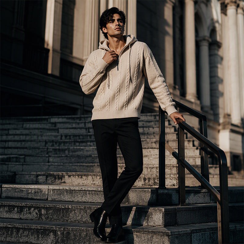 Pull à capuche en maille torsadée avec demi-zip pour homme