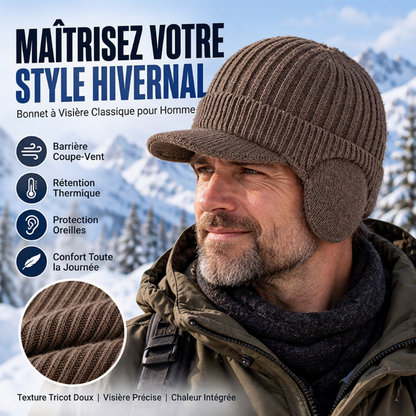 Bonnet en tricot d'hiver pour homme avec visière et protège-oreilles