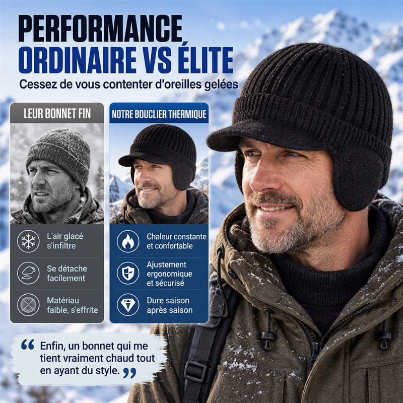 Bonnet en tricot d'hiver pour homme avec visière et protège-oreilles