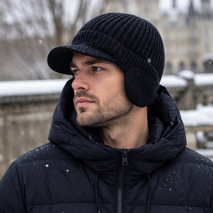 Bonnet en tricot d'hiver pour homme avec visière et protège-oreilles