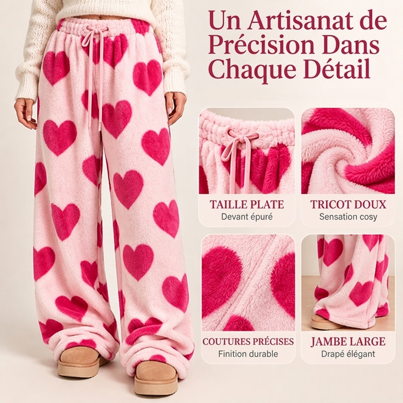 Pants larges en peluche pour femme avec imprimé cœur