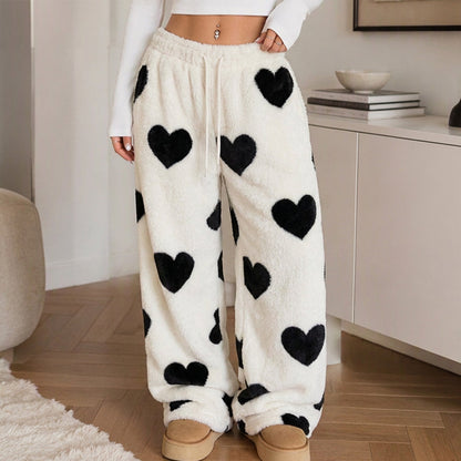 Pants larges en peluche pour femme avec imprimé cœur