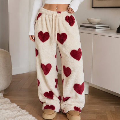 Pants larges en peluche pour femme avec imprimé cœur