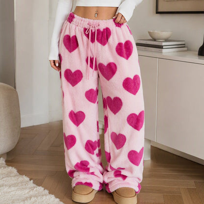 Pants larges en peluche pour femme avec imprimé cœur