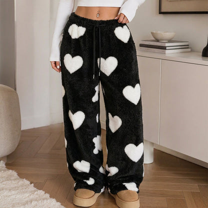 Pants larges en peluche pour femme avec imprimé cœur