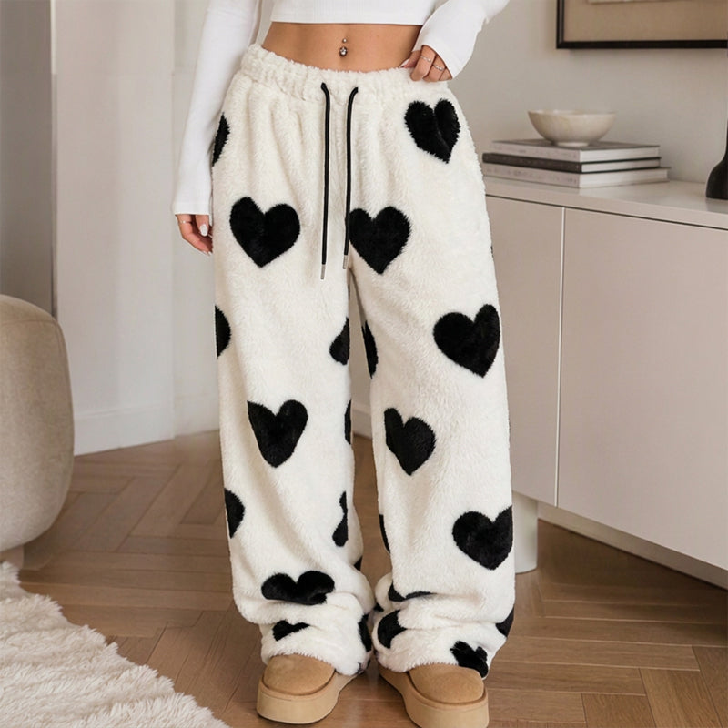 Pants larges en peluche pour femme avec imprimé cœur